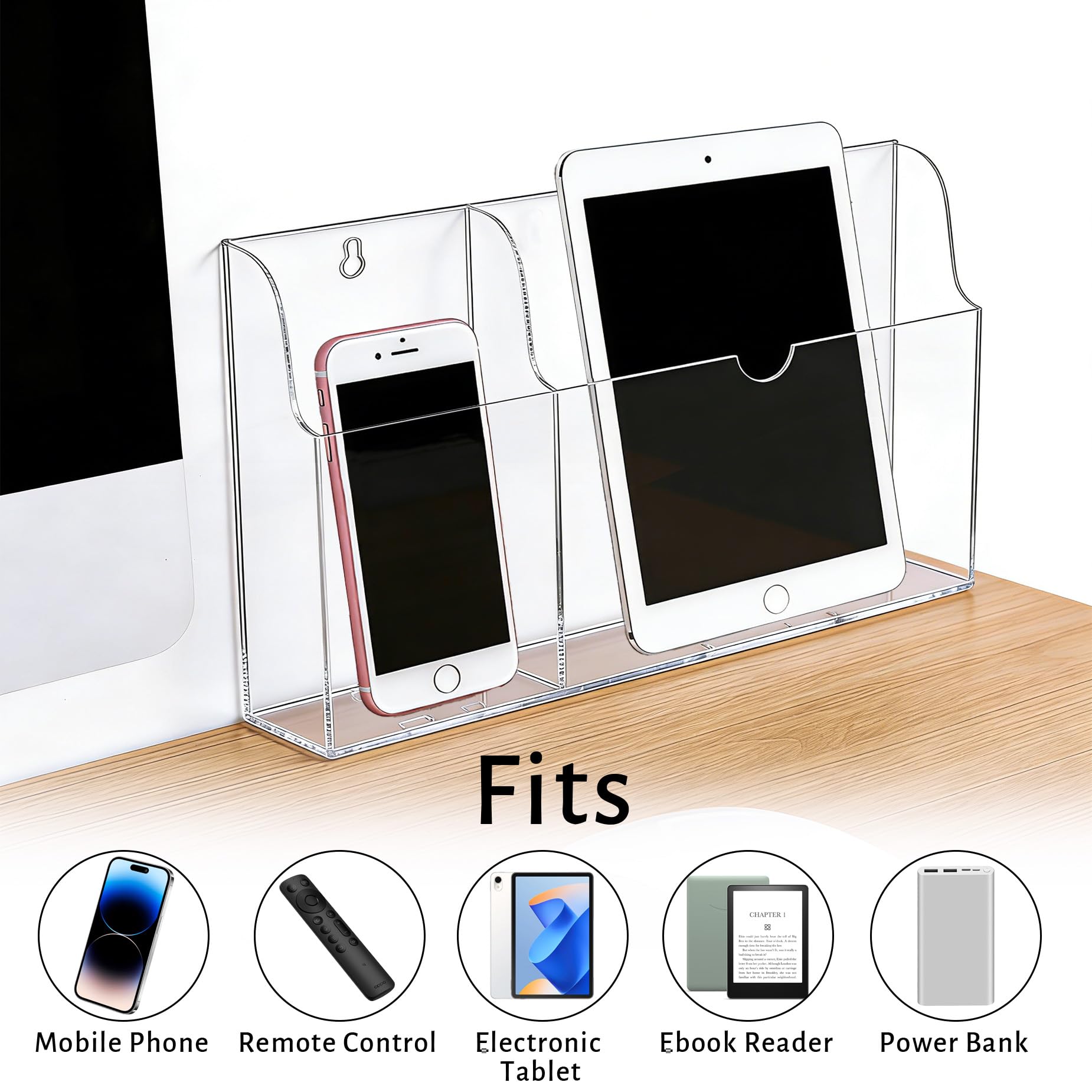 Soporte acrílico para teléfono montado en la pared con agujeros de carga, soporte de control remoto de pared de 2 compartimentos para tablet, iPad, Kindle, portátil, transparente