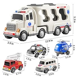 TEMI 5 Pack Ambulance Vehicle Toddler Truck Toys for 3 4 5 6 Year Old Boys, Friction Powered Cars with Toy Helicopter, Police Car, Fire Truck, Ambulance Car, Birthday Gifts for Girls Age 3-9