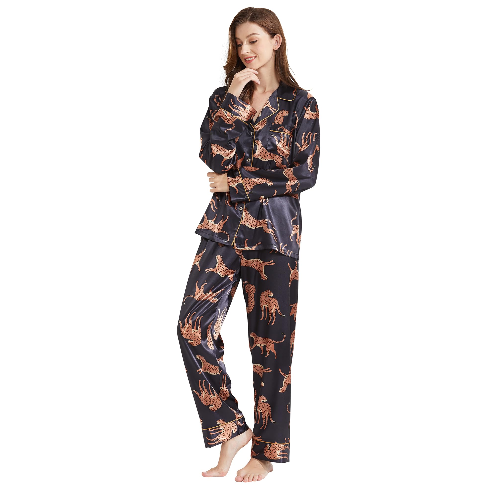 Pijama clásico de satén de seda para mujer, manga larga, con botones, sedoso, 2 piezas, ropa de dormir