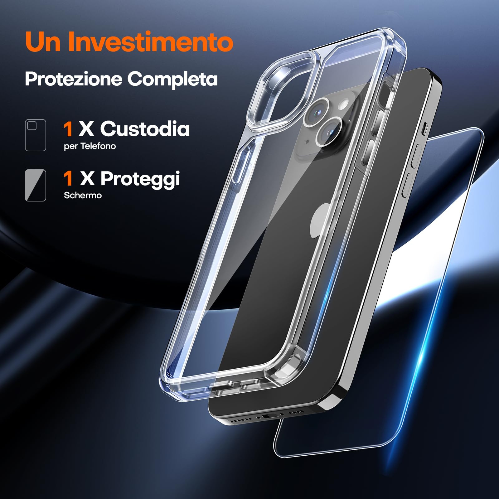 TAURI Cover per iPhone 15 Plus con Pellicola in Vetro Temperato,Custodia per Sottile Antishock, Anticaduta - Trasparente