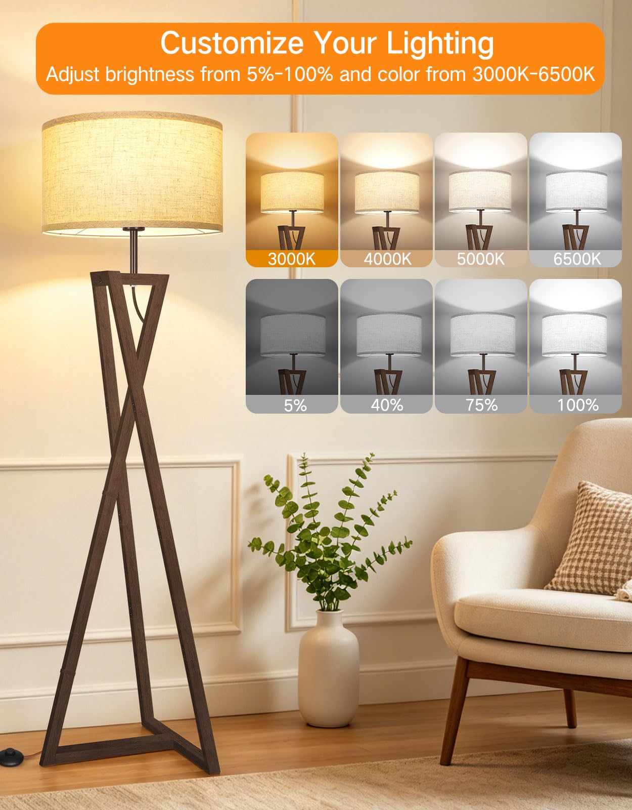 OUTON Lampada da Terra Moderna in Legno con Telecomando per Soggiorno, Nero | LED Regolabile 3000K-6500K, Funzione Memoria, Timer, Paralume Premium in Lino, Smart Home