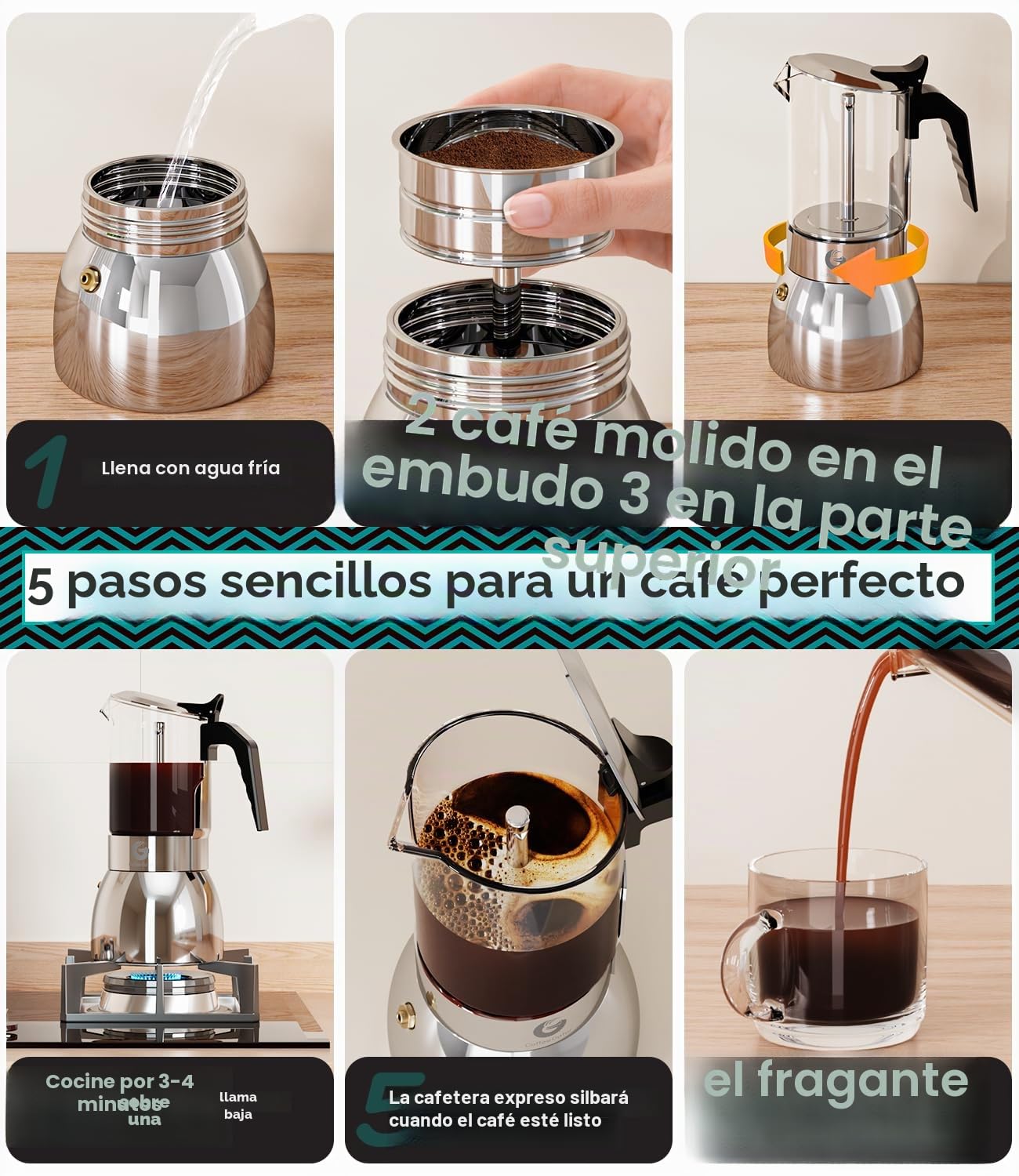 Coffee Gator Cafetera Italiana, Moka Express de Inducción, Capacidad 9 Tazas(450 ml) de Café Espresso, Diseño de vidrio transparente y acero inoxidable