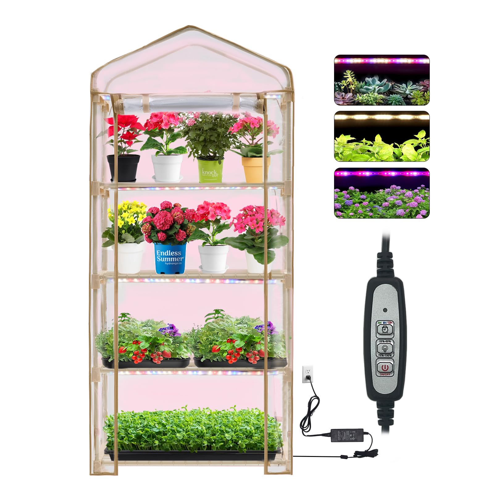 Purlyu Mini Greenhouse with Grow Light , 4 Tier 27.2" ×19.9" ×61.8" Portable Greenhouse with Zippered for Seed Starting Trays , Dimmable 2ft 60W Plant Light for Indoor Plant with Timer(PLGH704OWPT)