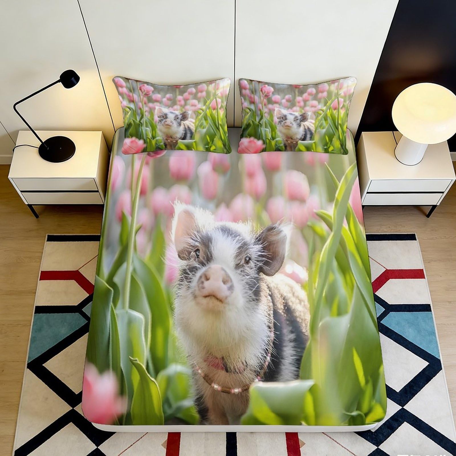 3D Printed Pig Tulip Fitted Sheet Microfiber Soft Anti-Slip Bed Cover for Bedroom Guestroom Dorm Mattress Decor 90x200x25cm