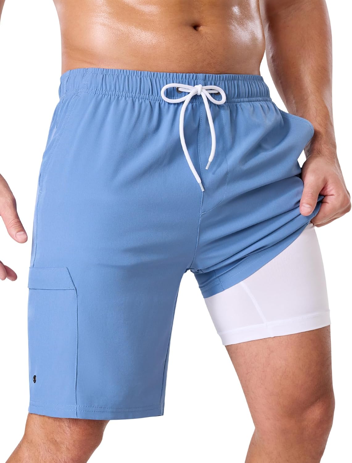 SILKWORLD Mens Swim Trunks with Compression Liner 9" Cargo Pockets Swimsuit Quick Dry Athletic Bathing Suits for Pool Beach