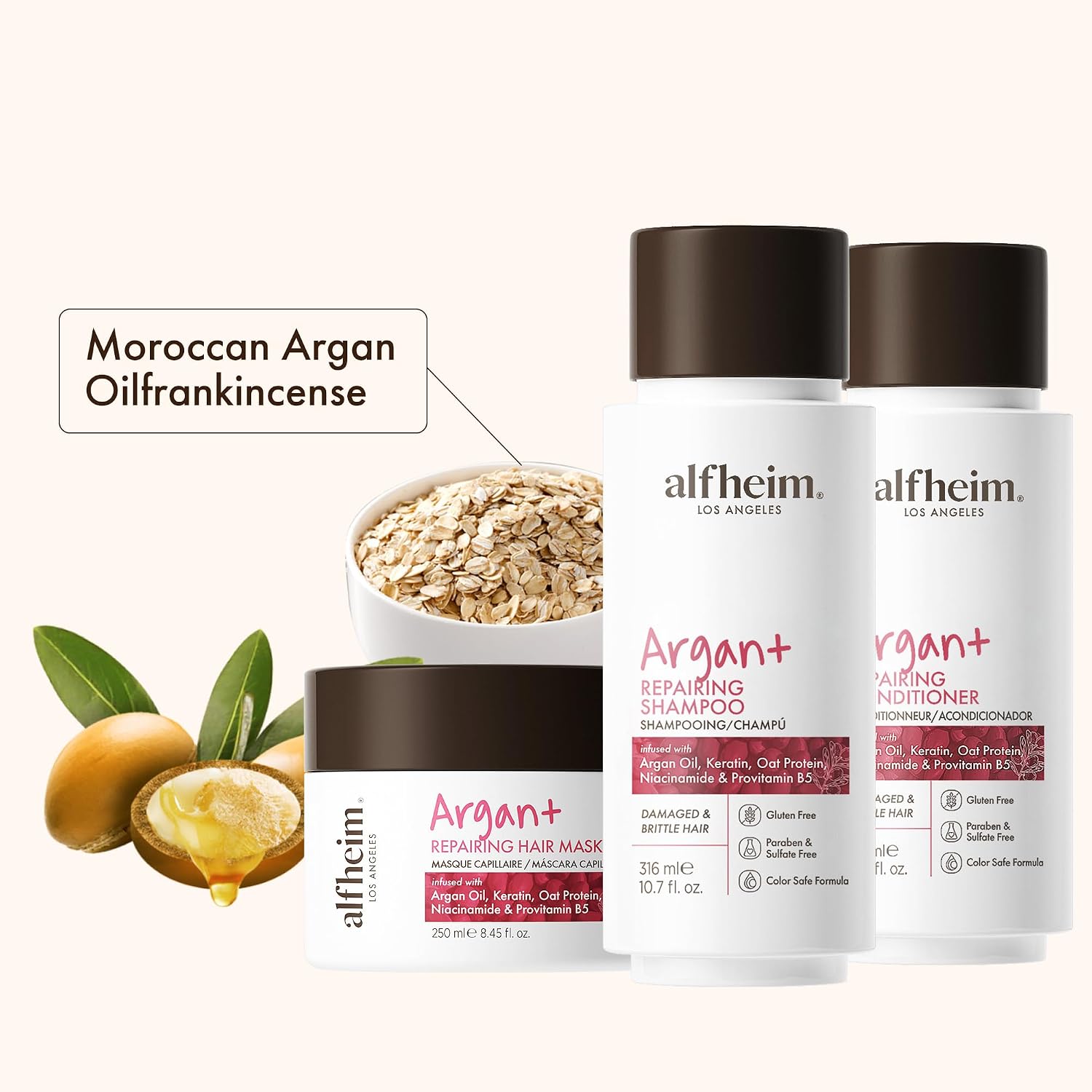 ALFHEIM Argan Repairing 3-piece set of shampoo, conditioner and hair mask Deeply Repairs Damaged Hair Intense Hydration & Frizz Control Sulfate & Paraben-Free for Daily Care & Post-Color Treatment