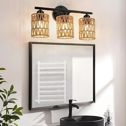 Miniatura 3 de Frideko - Lámpara de tocador de baño de 3 luces, moderna lámpara de ratán sobre espejo, apliques de pared bohemios con pantalla tejida, lámpara de
