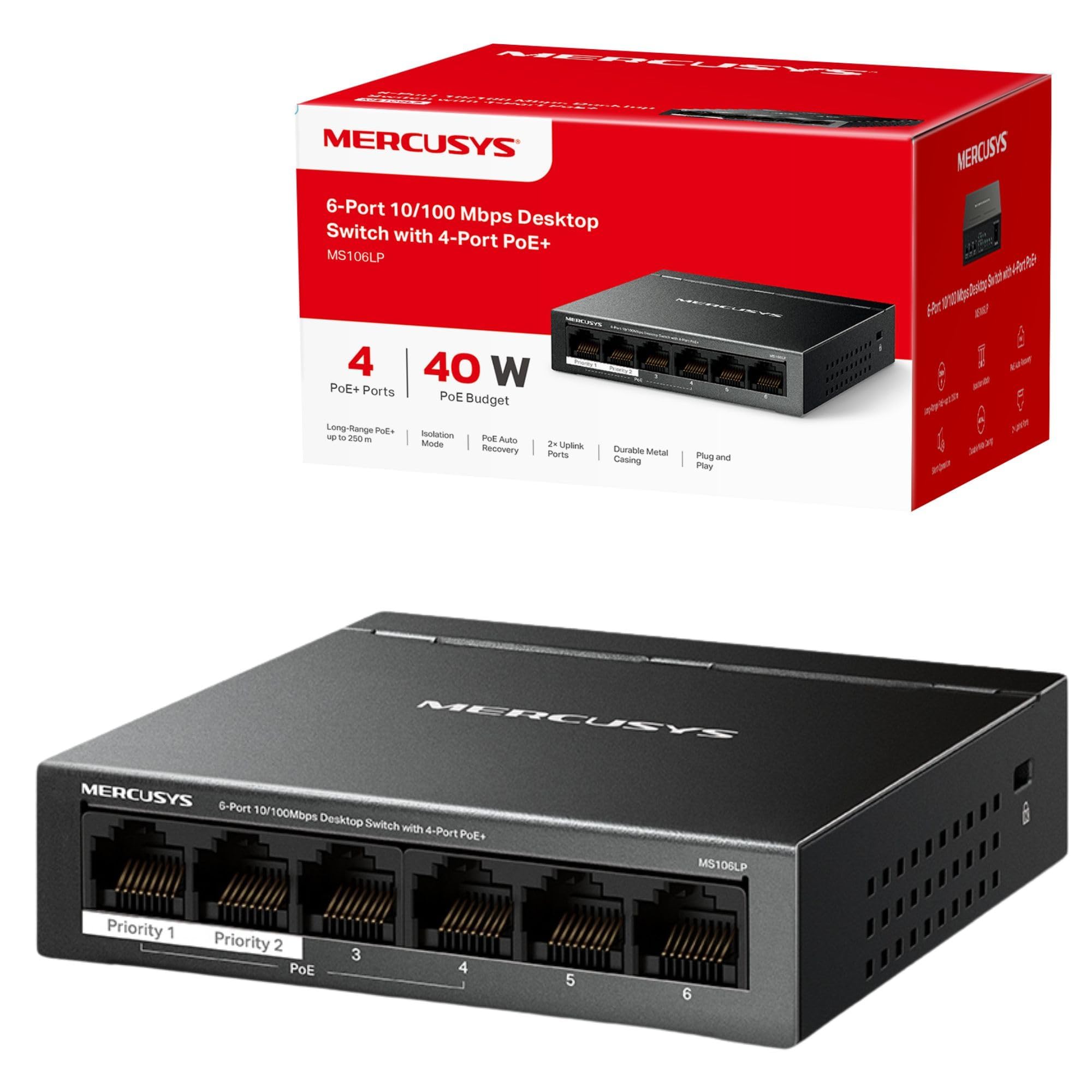 MERCUSYS MS106LP 6-Port Desktop PoE Switch, 40W Power Budget Network Switch