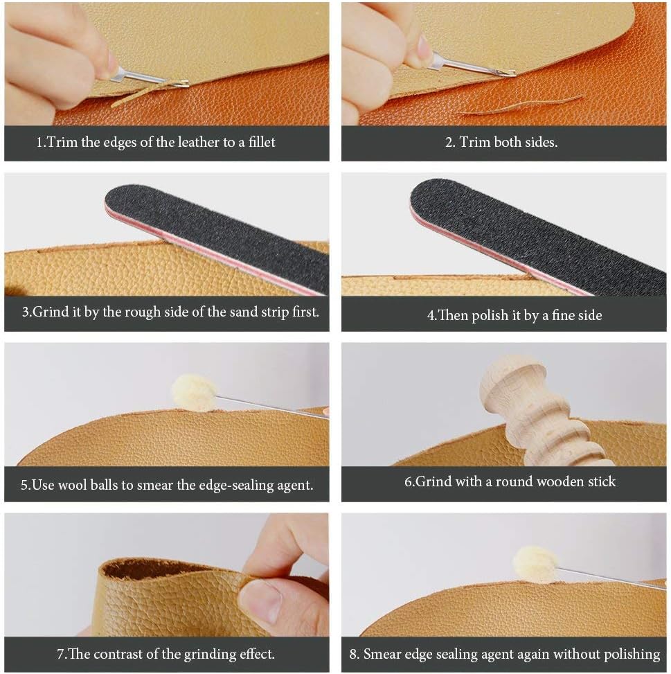 Caydo 16 Pieces Leather Edge Beveler with Multi-Size Solid Wood Leathercraft Edge Slicker Burnisher, Sanding Strip, Wool Daubers and Bone Folder