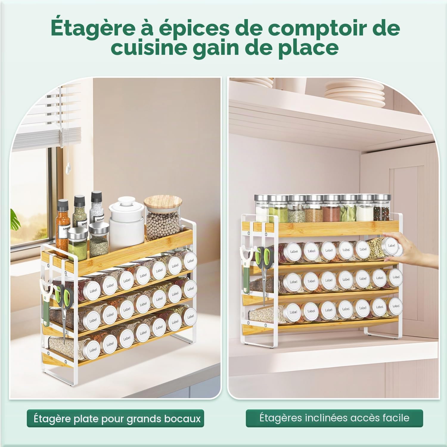 EsLuker.ly Étagère à épices pour comptoir de cuisine, étagère à épices en bambou à 4 niveaux avec 4 crochets, support mural autonome pour garde-manger, bambou + blanc (bocaux non inclus)