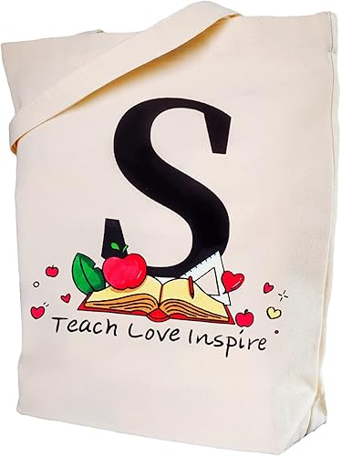 Miniatura 1 de t taseliy Teach Love Inspire - Bolsa de lona con inicial con bolsillo interior con cremallera para regalos de profesores, graduación, fiesta de