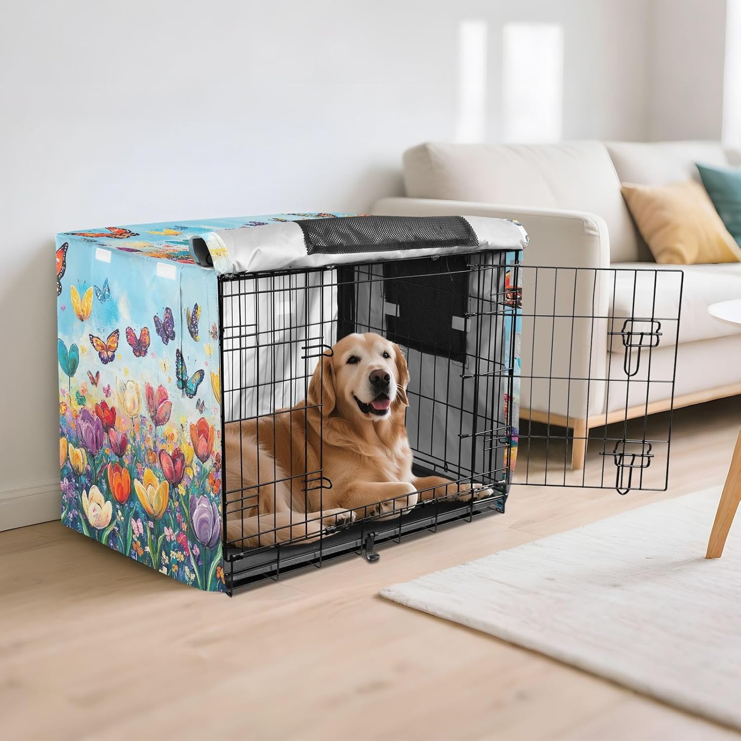 Butterflies Tulips Dog Crate Covers S-XL Windproof Pet Crate Cover with Roll-up Sides, Reduces Barking, Large