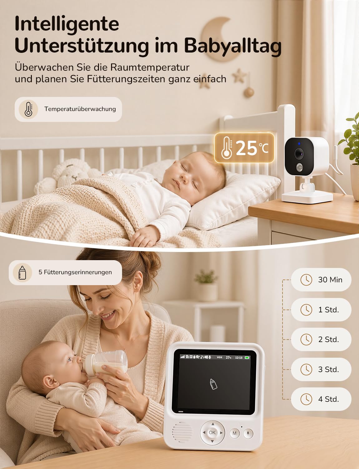 OBVHNUA Monitor niemowlęcy z kamerą 2,8 cala, 720P, podzielony ekran, bateria 2000 mAh, tryb VOX, dwukierunkowy dźwięk, noktowizor, czujnik temperatury, timer i 8 kołysanek