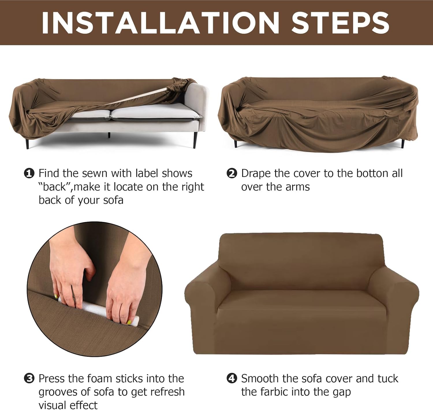 Peryiter 2 Pcs Sofa Covers Couch and Loveseat Covers Set Stretch Sofa Slipcover for Living Room Armchair Furniture Protector, Wrinkle Proof(Chocolate,Milk Silk)