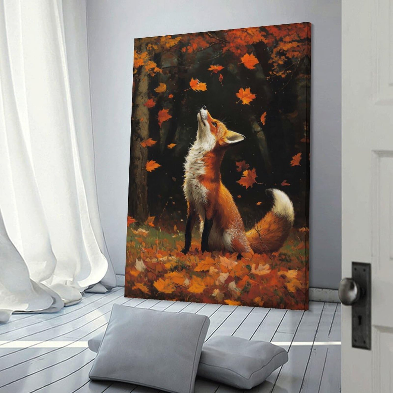 Junmoney Frame-Style-8 Fox In Autumn Forest Decorative Wall Artwork 24X36inch(60X90cm), For Corridors, Hallways Or Apartment Entries, Home Artwork For First Impressions