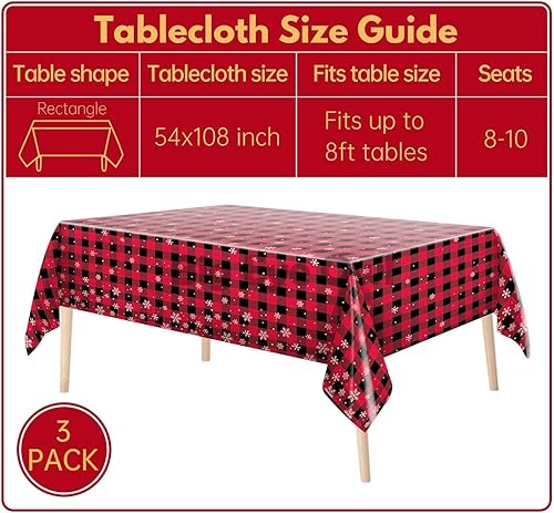 Miniatura 2 de Mantel de plástico a cuadros de búfalo rojo, diseño de copos de nieve, mantel de Navidad para fiesta de cumpleaños, rectangular, 54 x 108 pulgadas