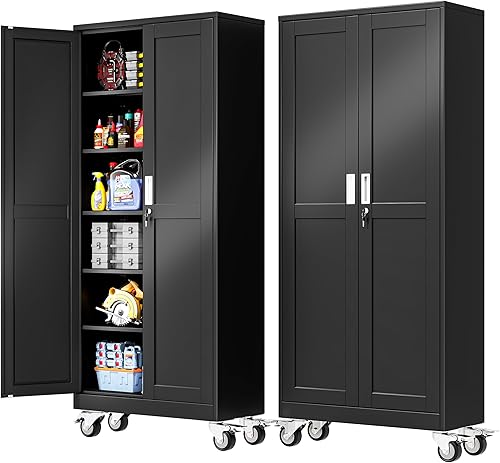Miniatura 10 de Armario de almacenamiento de garaje de metal de 71 pulgadas de alto con ruedas, archivadores de acero con 2 puertas y 4 estantes ajustables para