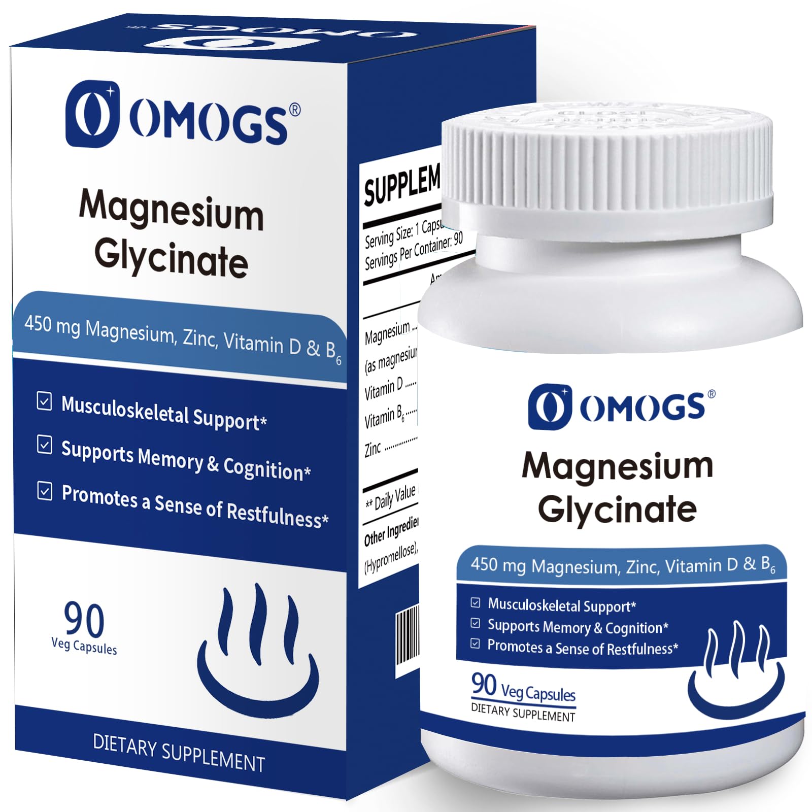 OMOGS High Absorption Magnesium Glycinate, for Supporting Sleep, Muscle Relaxation, Heart Health & Bone Health, Gluten Free, Non-GMO, 90 Vegetarian Capsules