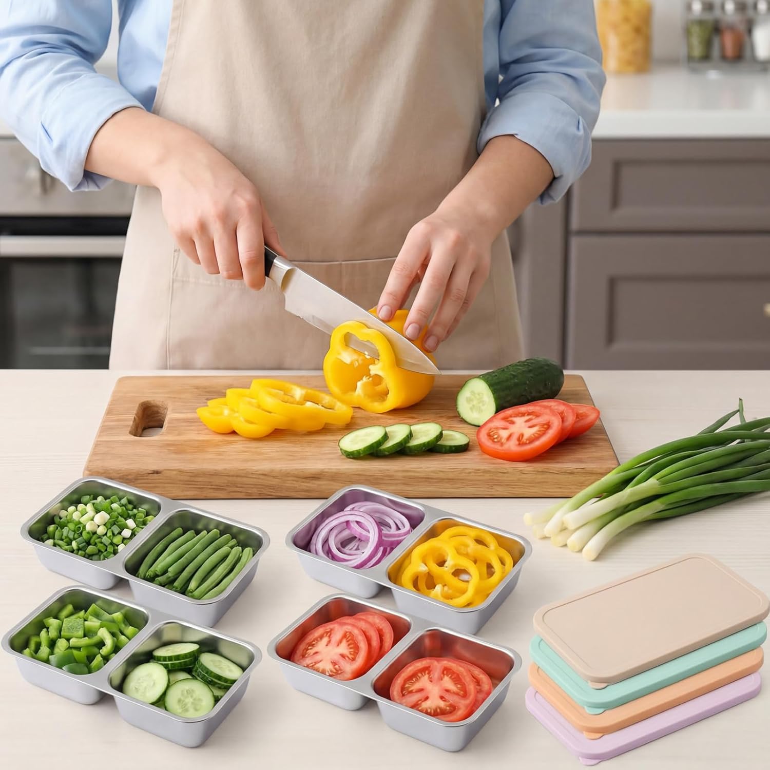 8 Pack 2-Compartment Stainless Steel Snack Containers Include 8 Silicone Lids and 8 Box Bodies Reusable Stackable Box for Adult Work, Travel & Camping 7.9 x 4.1 x 1.6 Inch (Morandi)