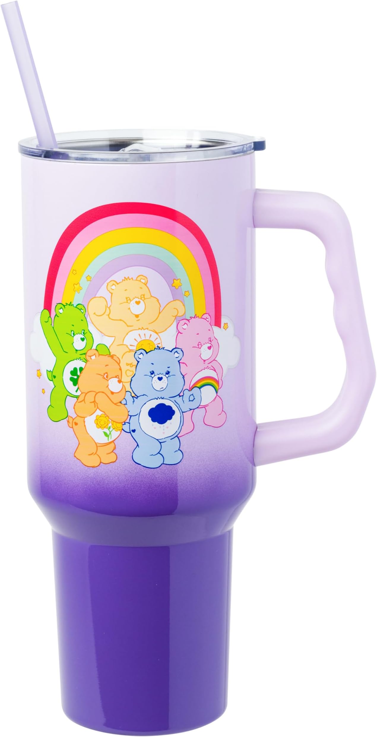 Silver Buffalo Care Bears Rainbow Featuring Funshine, Cheer, Grumpy, Friend, and Good Luck Bear Stainless Steel Tumbler with Handle and Straw, Fits in Standard Cup Holder, 40 Ounces