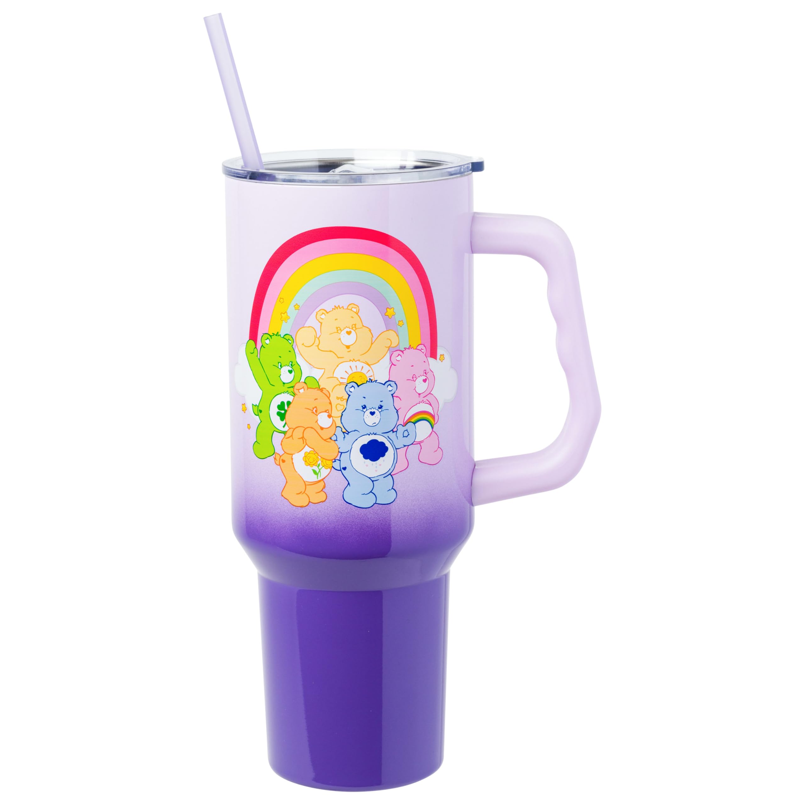 Silver BuffaloCare Bears Rainbow Featuring Funshine, Cheer, Grumpy, Friend, and Good Luck Bear Stainless Steel Tumbler with Handle and Straw, Fits in Standard Cup Holder, 40 Ounces