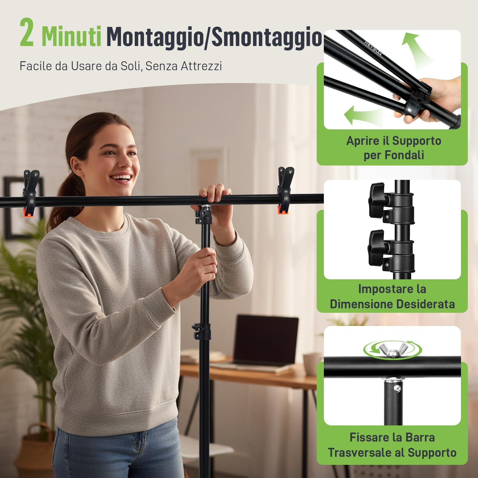 Sfondo verde schermo con supporto kit, 6,5 x 6,5 m portatile verde schermo stand con schermoverde da 5 x 6,5 m per streaming, videogiochi, zoom