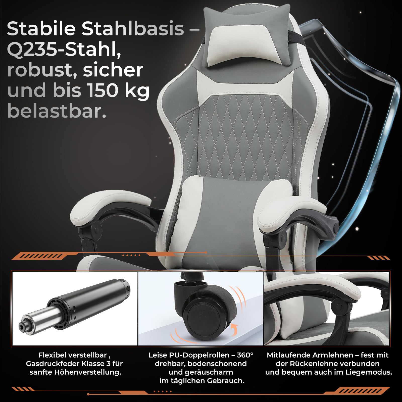 Atenza Ergonomischer Gaming Stuhl mit Fußstütze, Gaming Chair bis 136kg (Dunkelgrau-Weiß)