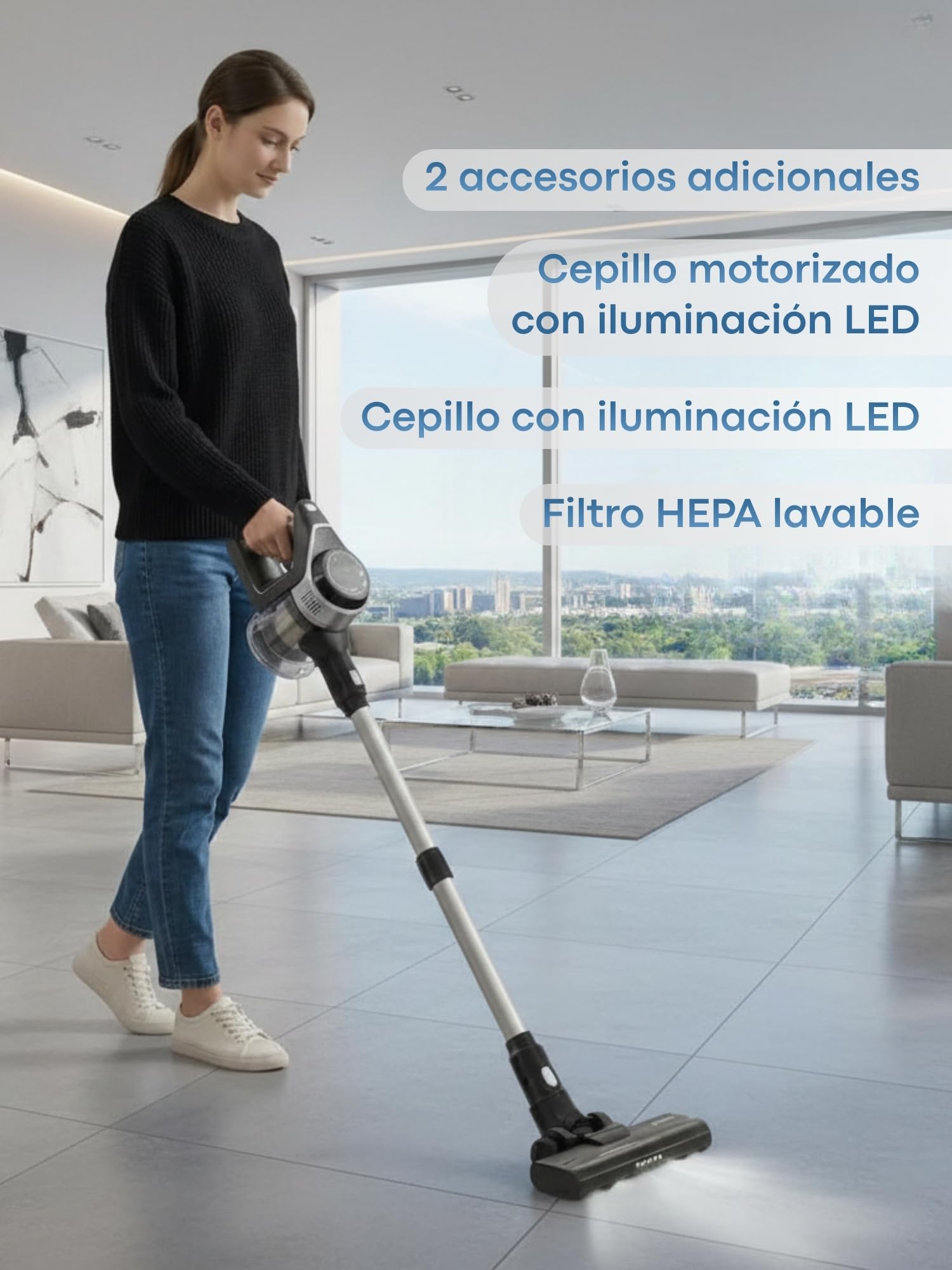 Powell Aspiradora Sin Cable 2 en 1, Plata/Negro | Aspiradora Escoba Ligera, 12KPa, 30 Min de Autonomía, Para Suelos Duros, Alfombras, Coche y Pelo de Mascotas