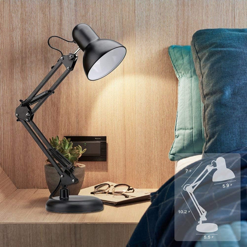 PowerKing Metal Swing Arm Desk Lamps, Adjustable and Flexible, Feading with Base and Clip 2-in-1 Function, Fit E26&E27 Bulbs Base, Application in Bedroom Living Room, Office Home (Black)