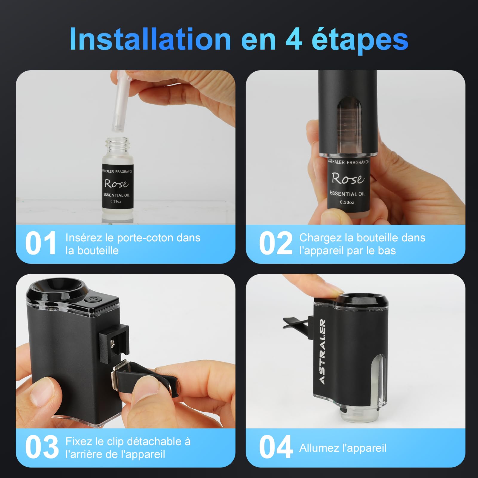 Désodorisant Voiture avec 3 Huiles Essentielles, Désodorisants de Voiture Longue Durée, Diffuseur D'arômes de Voiture Rechargeable et Parfum DIY au Choix, Marche/Arrêt Automatique Intelligent
