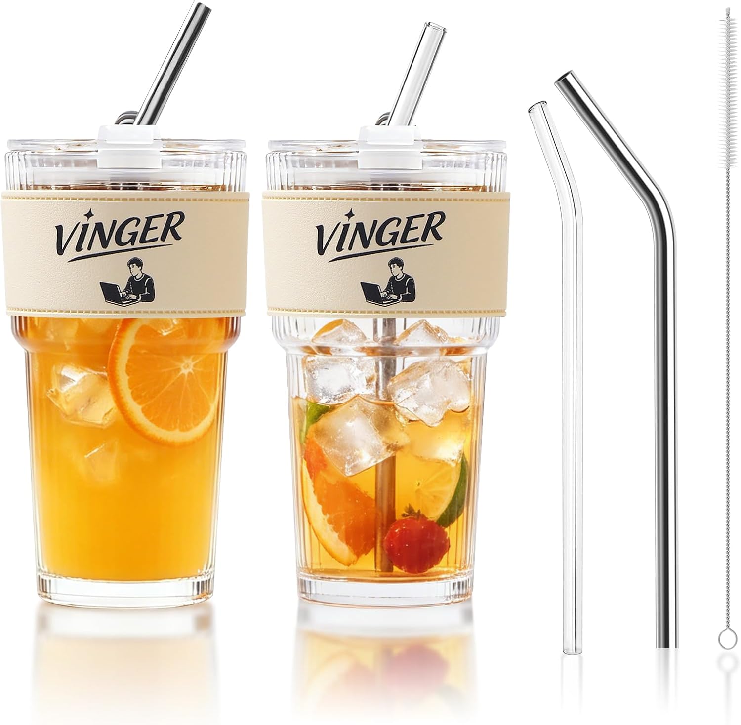 20 oz Ribbed Glass Tumblers with Sleeves, Lids and Straws, Modern Iced Coffee Cups - Home Coffee Bar Accessories, Leakproof Drinking Glasses for Smoothie, Cocktail, Beverage (1 White & 1 Brown)