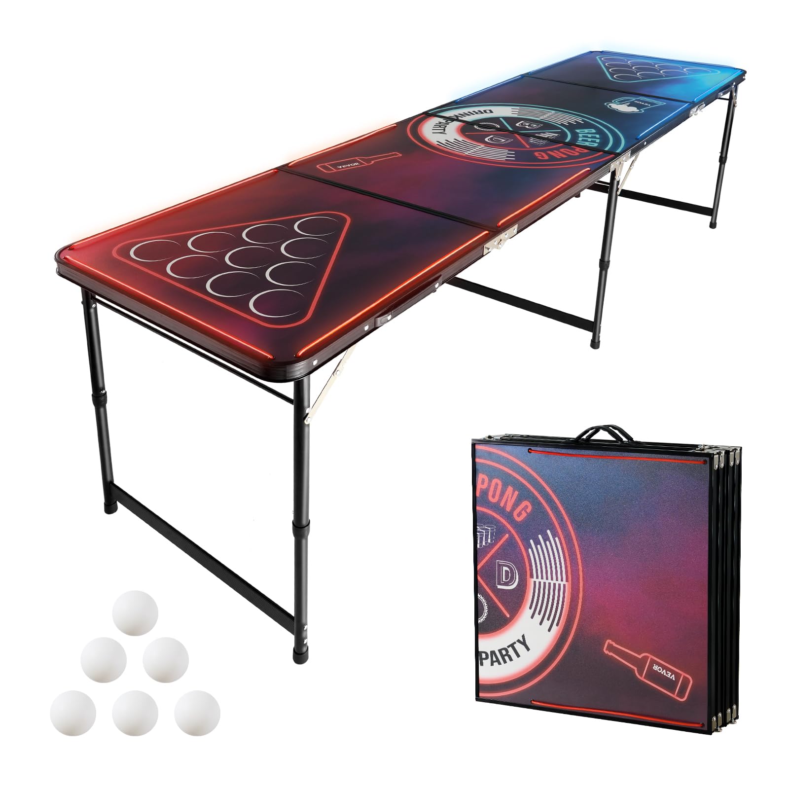 VEVOR Tavolo da Beer Pong Portatile 2,4 m con Luci a LED, Tavolo Pieghevole con Maniglia per Trasporto e 6 Palline da Pong, Altezza Regolabile 2 Livelli 710 mm 520 mm Carico Max 30 kg, Feste
