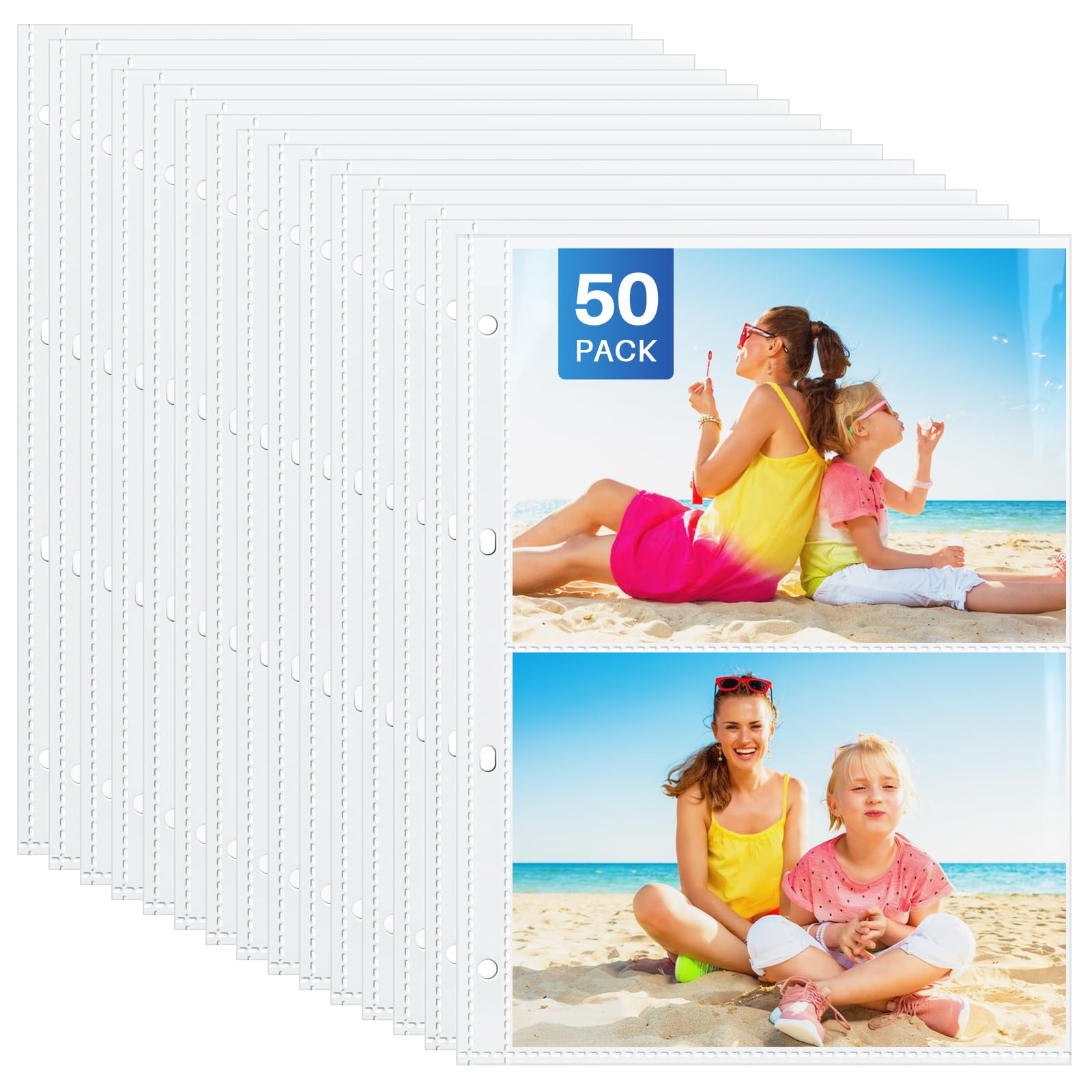 WenYa 50-Pack A4 2-Pocket Photo Sleeves for 6x8 Photos & A5 Documents, Side-Loading Clear Punch Pockets for 2/3/4 Ring Binder, Holds 100/200 Items Total - for Photos, Recipes, Inserts