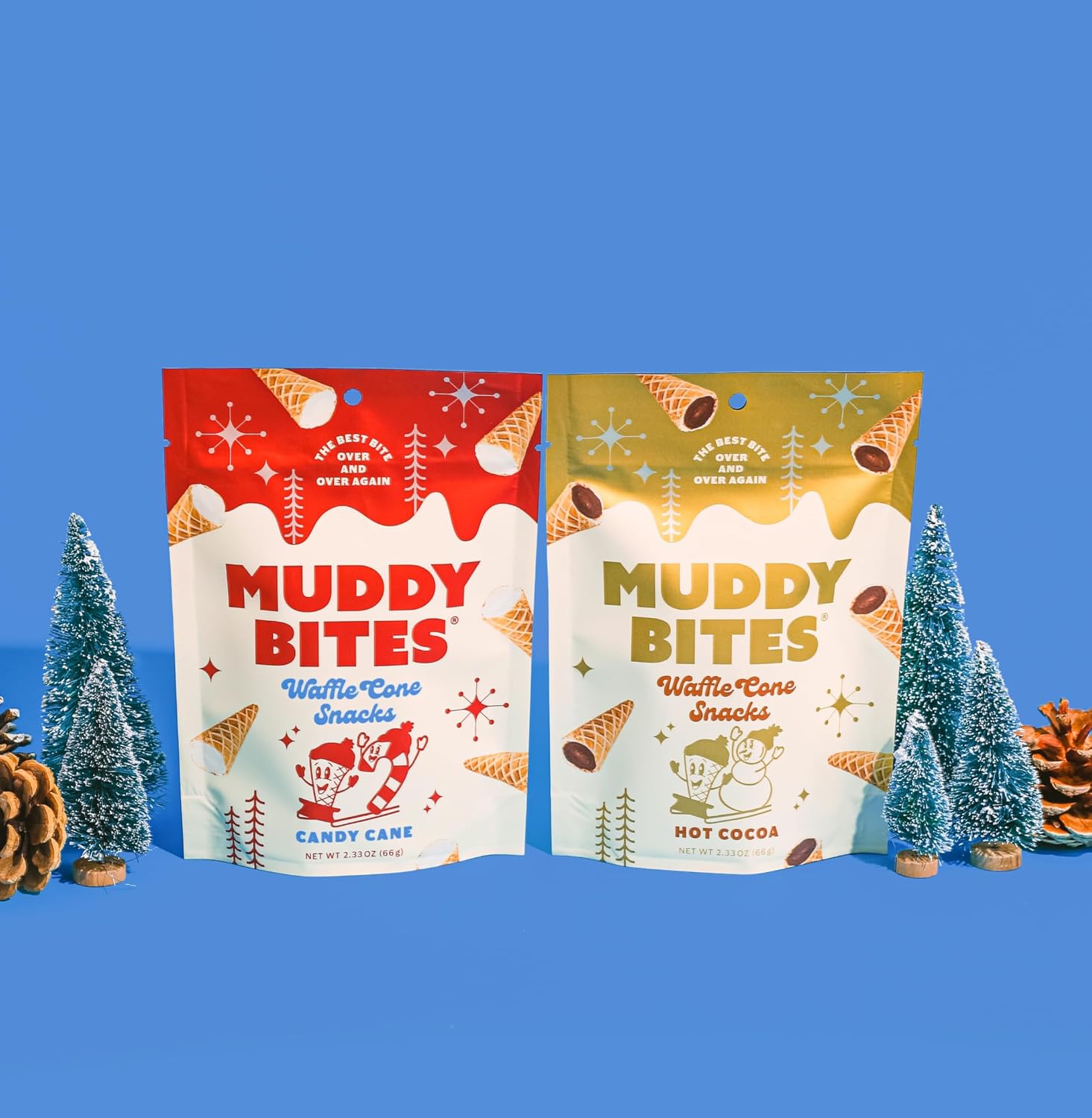 Muddy Bites Waffle Cone Snacks Bite Sized Chocolate Filled Waffle Cones for Snack or Dessert, Hot Cocoa & Candy Cane, Made with Cane Sugar, Non-GMO, Kosher (Holiday Combo Pack, 6 Bags)