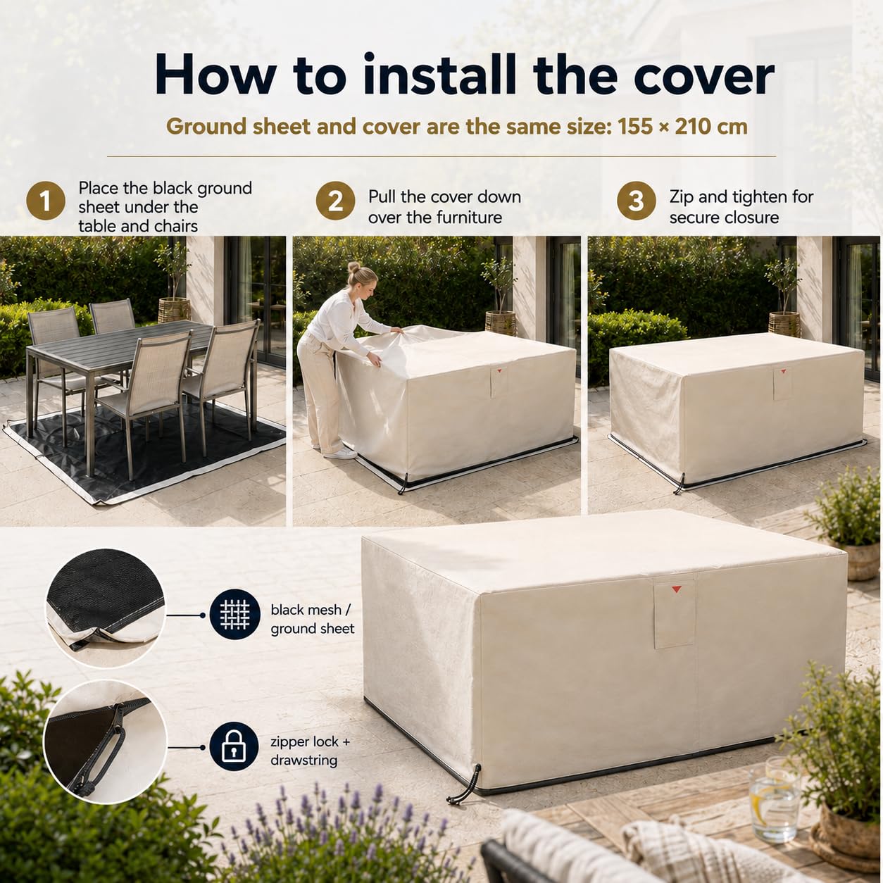 HOME It Garden Pokrowiec na meble ogrodowe 210×155×95 cm - Oxford 600D powlekany PVC, wodoodporny, ochrona UV, 2 otwory wentylacyjne, zamek błyskawiczny i ściągacz, piaskowy