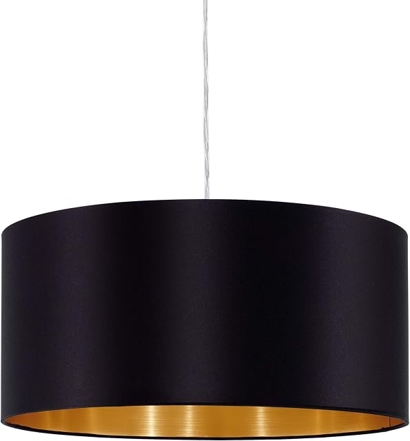 EGLO Pendant Lamp Maserlo, 1 Bulb Fabric Pendant Light, Steel and Fabric Hanging Ceiling Lights, Colour: Nickel Matt, Black, Gold, Socket: E27, Ø: 38 cm (14.9")