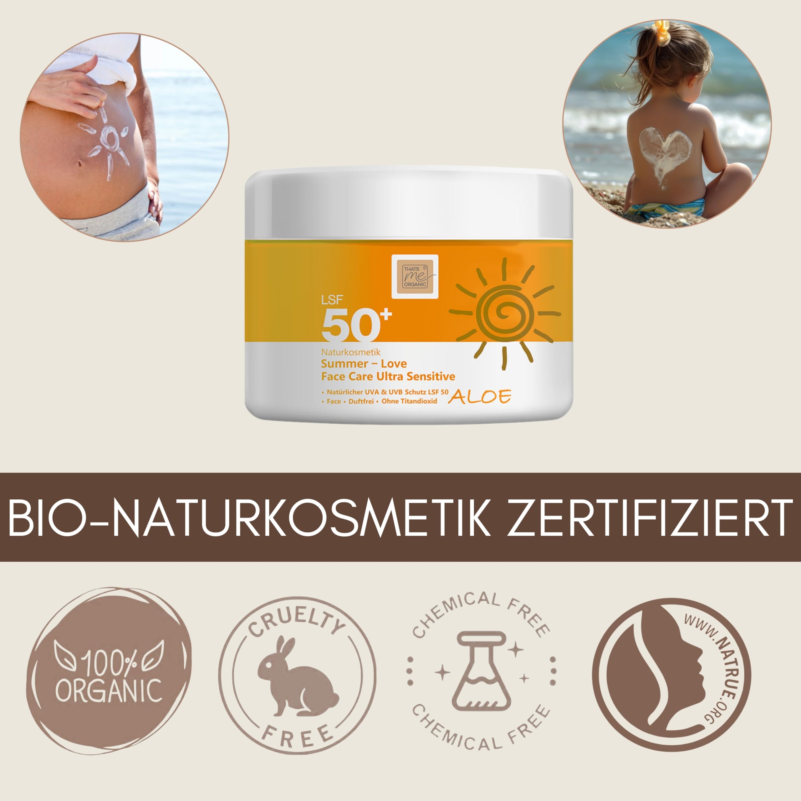 Thats me organic Bio Sonnenschutzcreme LSF50 (50 ml) – Sonnenschutz Gesicht, wasserfest und ideal für empfindliche Haut – NATRUE Bio-zertifizierte Sonnencreme Gesicht – Vegan