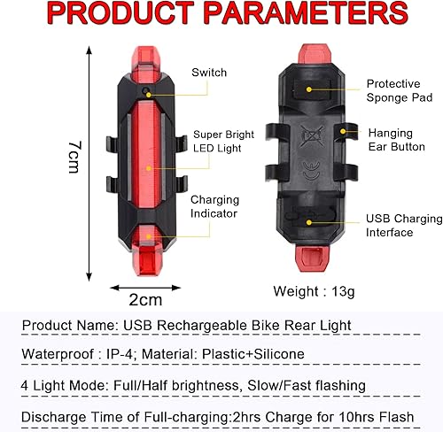 Miniatura 2 de Paquete de 2 luces traseras LED recargables por USB para bicicleta, luz trasera de bicicleta, lámpara de seguridad para la noche, esencial,