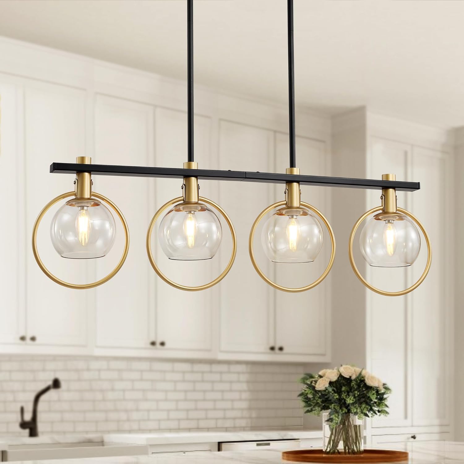 Gold Black Chandelier Modern Dining Room Light Fixture 4-Light Kitchen Island Lighting Hanging for Farmhouse Linear Chandeliers Mid Century Chandelier with Smoke Glass Globe Shade