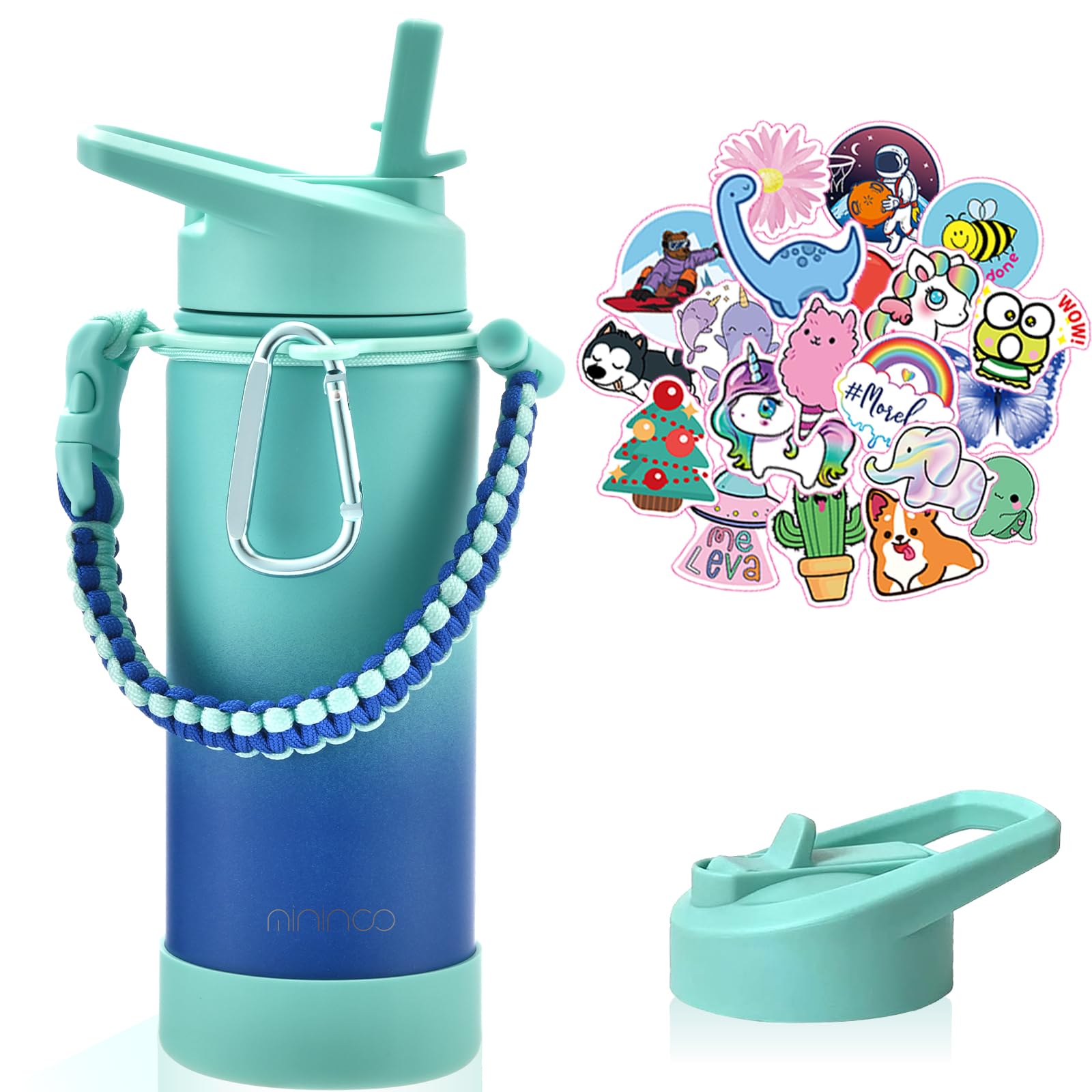 Mininoo Boys Water Bottle for School, 16oz Stainless Steel Insulated Metal Water Bottle with Straw Lid for Girls, Boys (Sky/Blue)