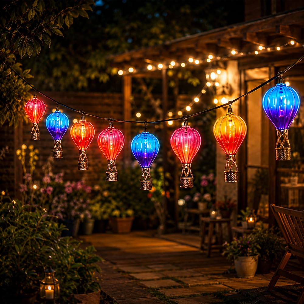 10er Solar Heißluftballon, 2,7m Solarlampen für Außen Hängend, Bunte Lichterkette Lampions Außen Wetterfest für Garten, Terrasse, Balkon & Rasen