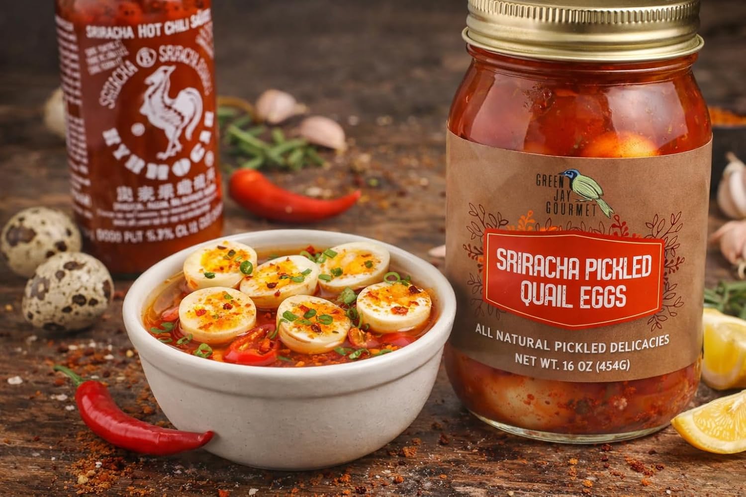 Green Jay Gourmet Sriracha Pickled Quail Eggs in a Jar – Fresh Hand Jarred for Cooking & Pantry – Sriracha Flavor - Simple Natural Ingredients - 2 x16 Ounce Jars