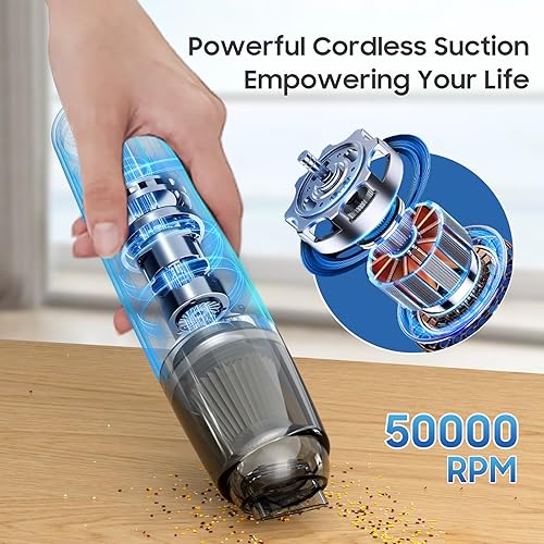 Miniatura 6 de Aspiradora de mano inalámbrica, aspiradora portátil con filtro HEPA, 2 modos de succión, mini aspiradora de mano recargable para automóvil, hogar,