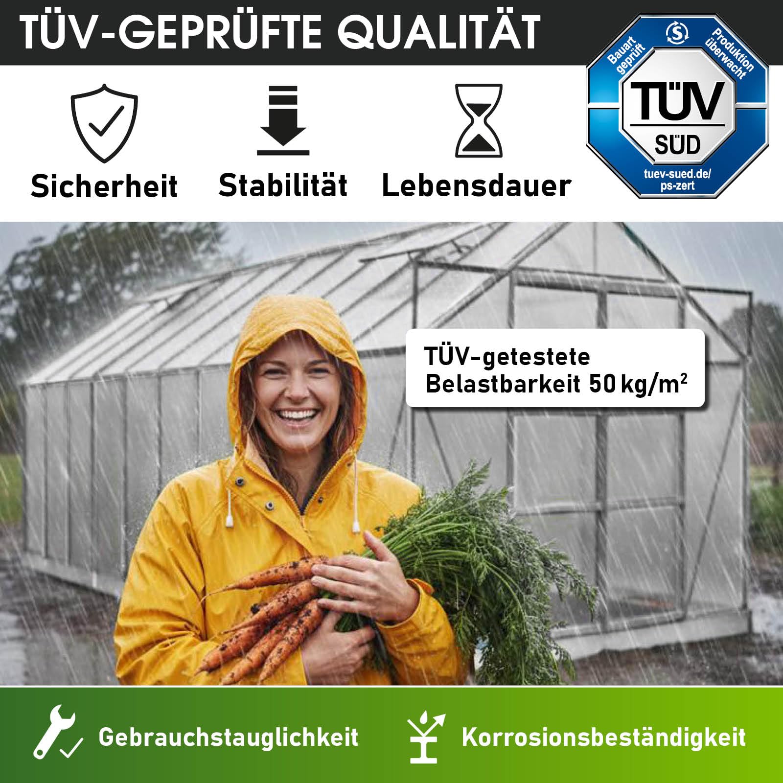 BRAST Gewächshaus Aluminium mit Fundament | 42 Modelle | 130x190x195cm - 490x250x235cm | TÜV geprüft | 6mm Hohlkammerplatten | rostfrei wetterfest temperaturbeständig | 490x250x235cm Silber