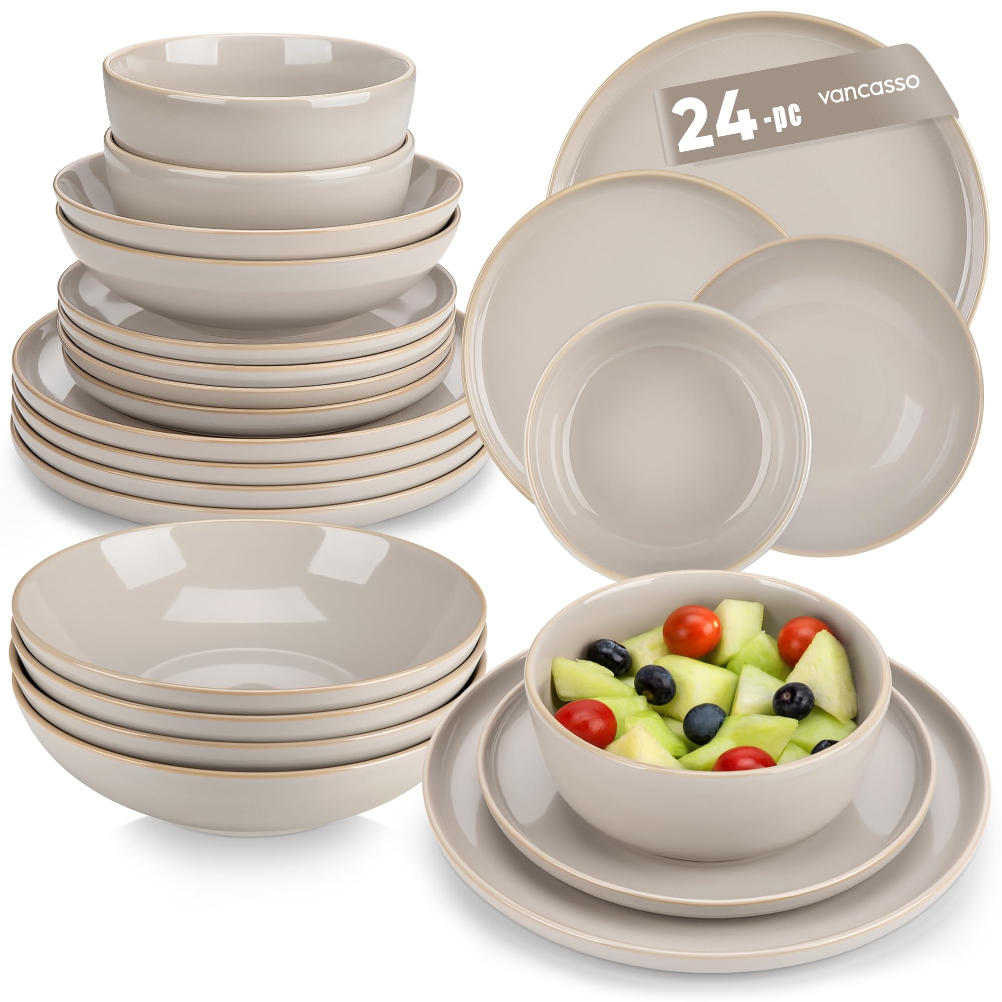 vancasso Playa Dinner Sets for 6 People, 24 Pieces Stoneware Plates and Bowls Set, Scratch Resistant Dinnerware Sets for Everyday Dining, Dishwasher and Microwave Safe, Grey — image 1