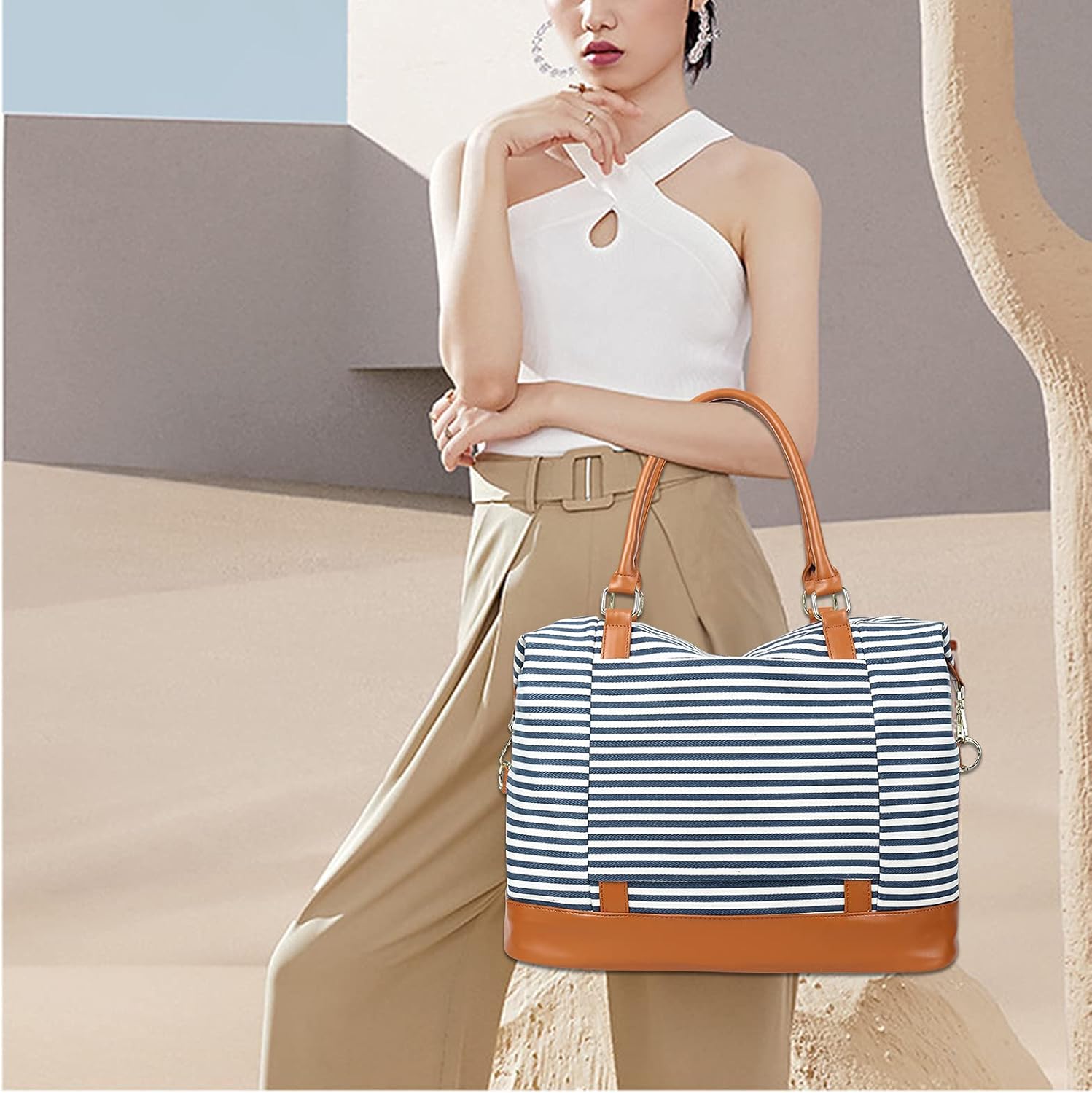 Vista 9 de Bluboon Bolso de fin de semana de lona para mujer, bolso de mano para la noche en asa de carretilla