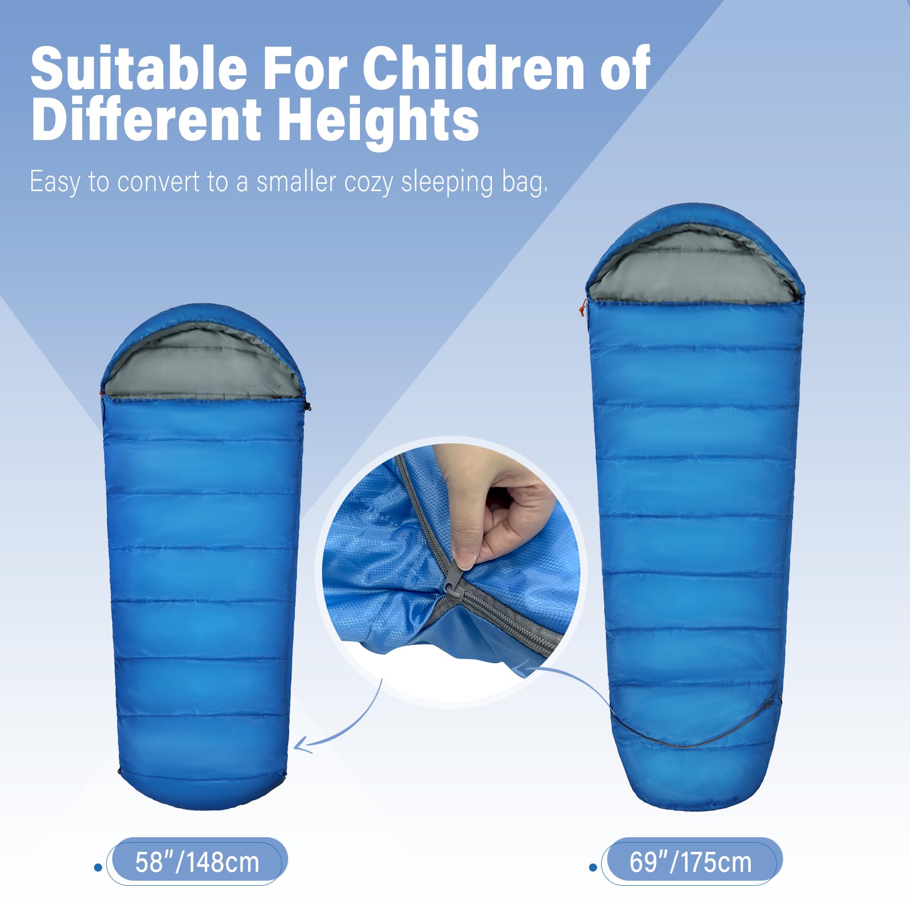 REDCAMP Kinderschlafsack für Jungen und Mädchen 175 x65 cm, Mumienschlafsack Bequem Leicht-Warm mit Ajustable in Länge und 3-Jahreszeiten für Camping&Outdoor, Blau/Rosa