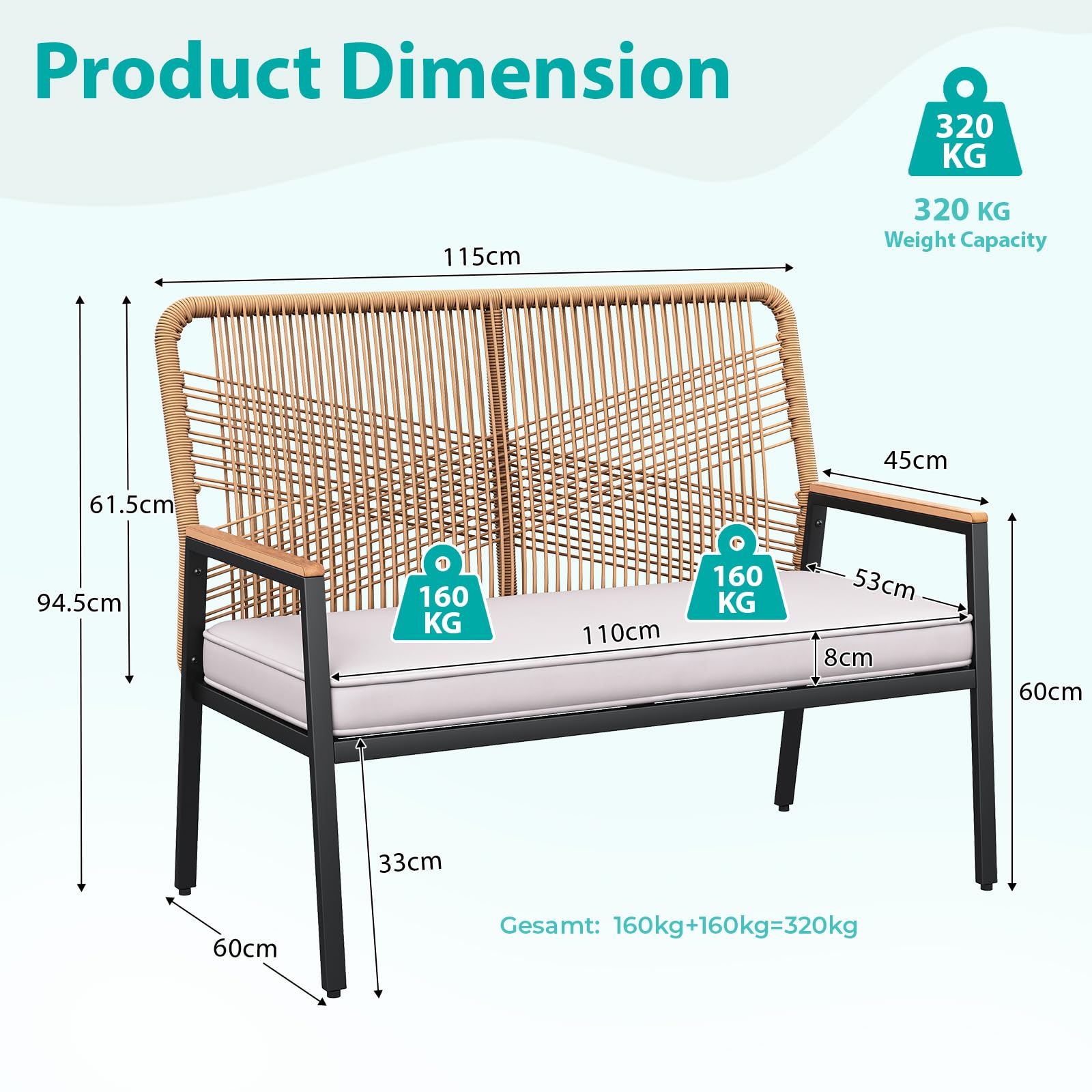 LIFERUN Gartensofa Rattan, 2-Sitzer Rattansofa Polyrattan, Sitzbank Outdoor, Gartenmöbel Metall und Rattan, Wetterfest, WPC Armrest, 64x115x94cm, Balkon Bank für Terrasse,Garten und Veranda, Beige