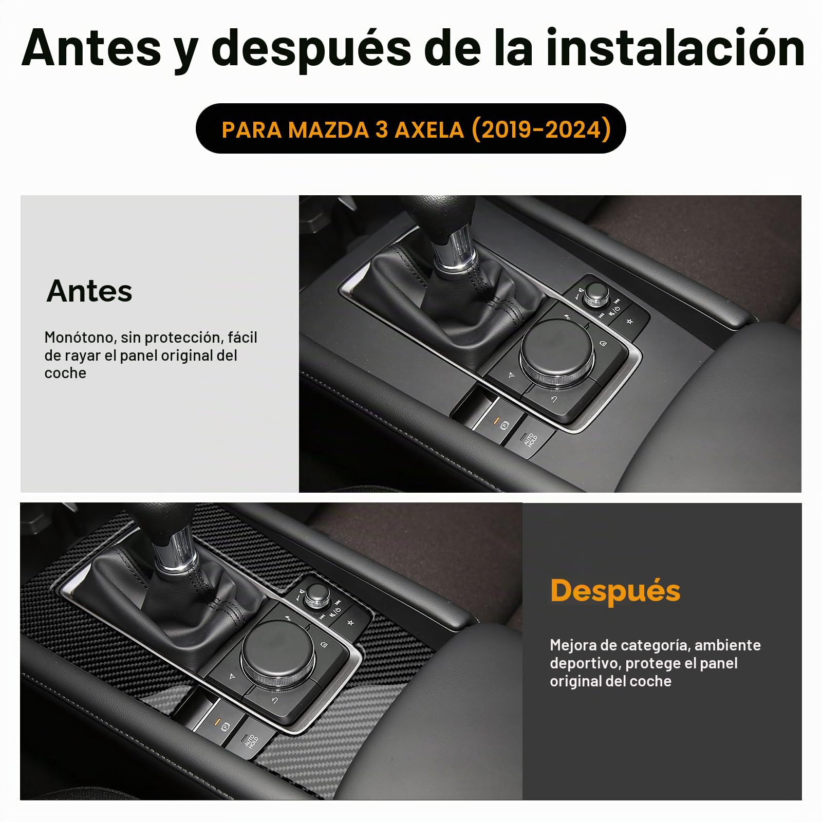 KUNGKIC Para Mazda 3 BP Axela 2019-2024 Accesorios de tablero de fibra de carbono para automóvil, cubierta del bastidor de la transmisión, adhesivo, panel de cambio de marchas, decoración interior