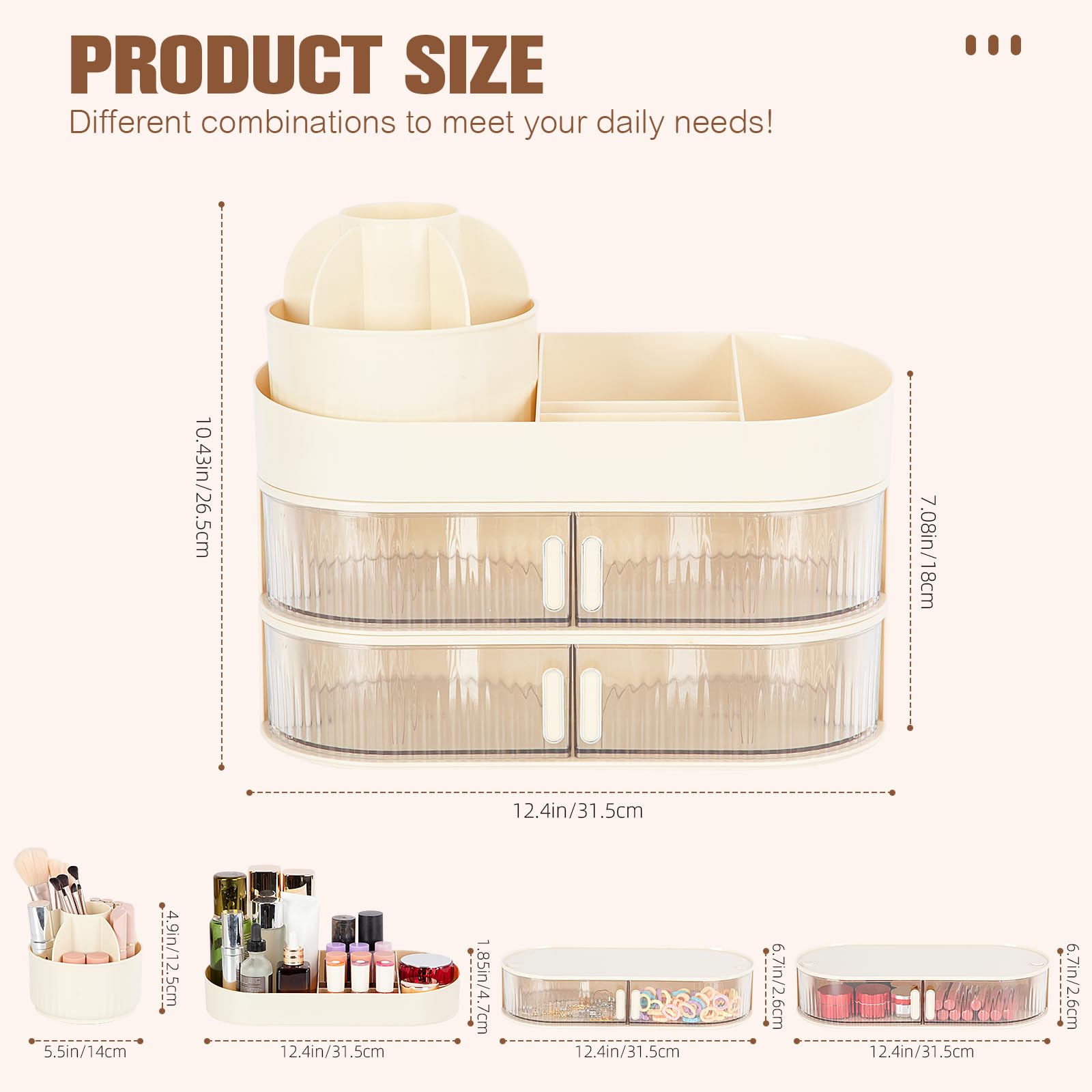 FoiiLiio Make Up Organizer per Cosmetici con 2 Rotazione Cassetti, Grande Porta Cosmetici Multifunzionale con Rotazione a 360°, per trucco adatto per gioielli, spazzole, rossetto e creme (Beige)